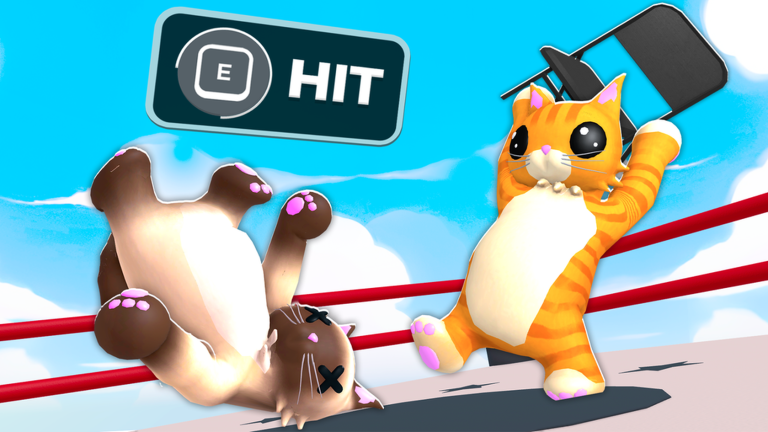 Orange cat holding a chair over a knocked-down cat, with an E HIT prompt above the ring.