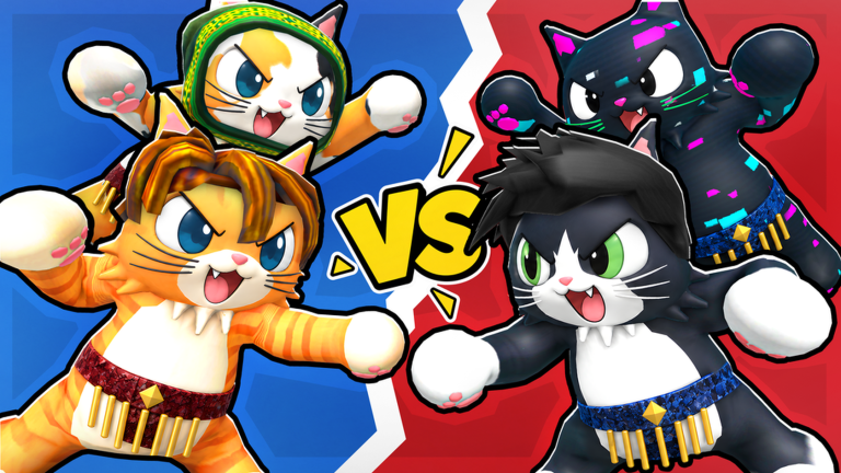 Four cats split into blue and red teams under a VS mark.